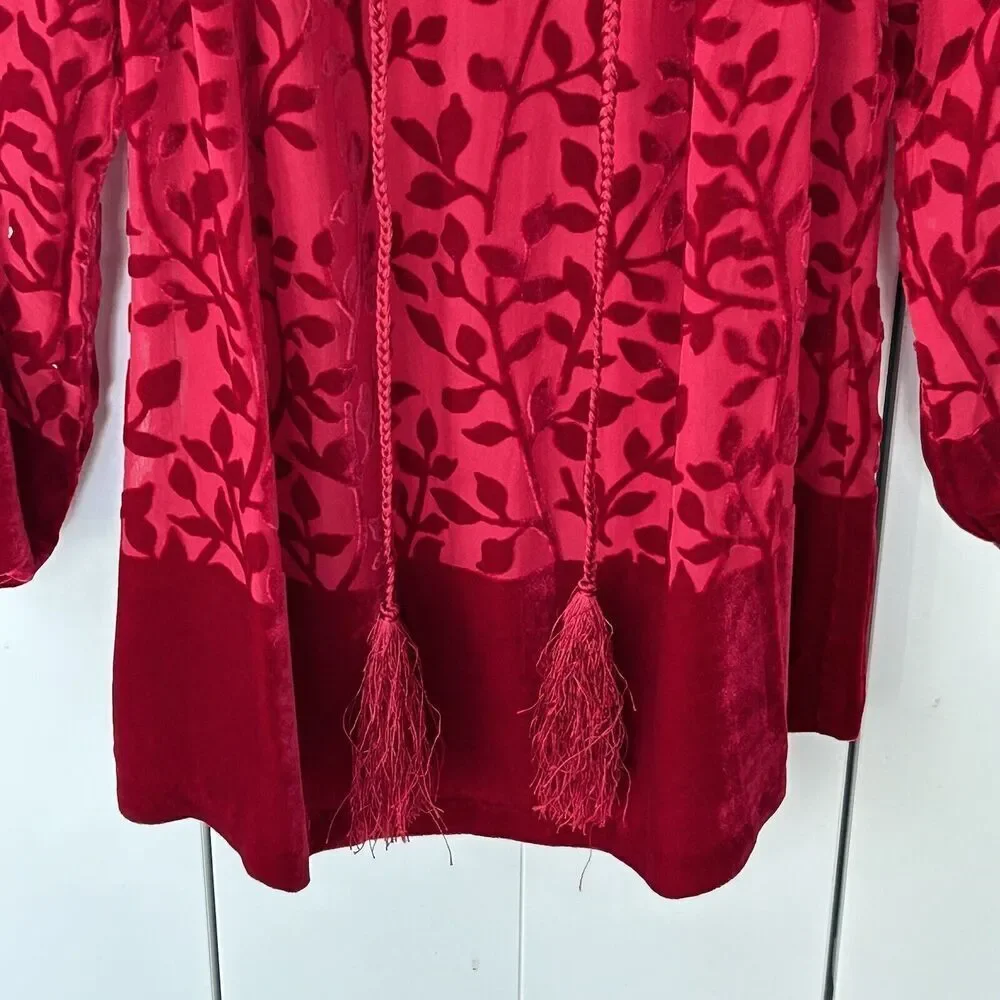 Sundance Velvet Burnout Top Size XS Red Floral Print Tassel Tie Peasant Holidays - Picture 4 of 6